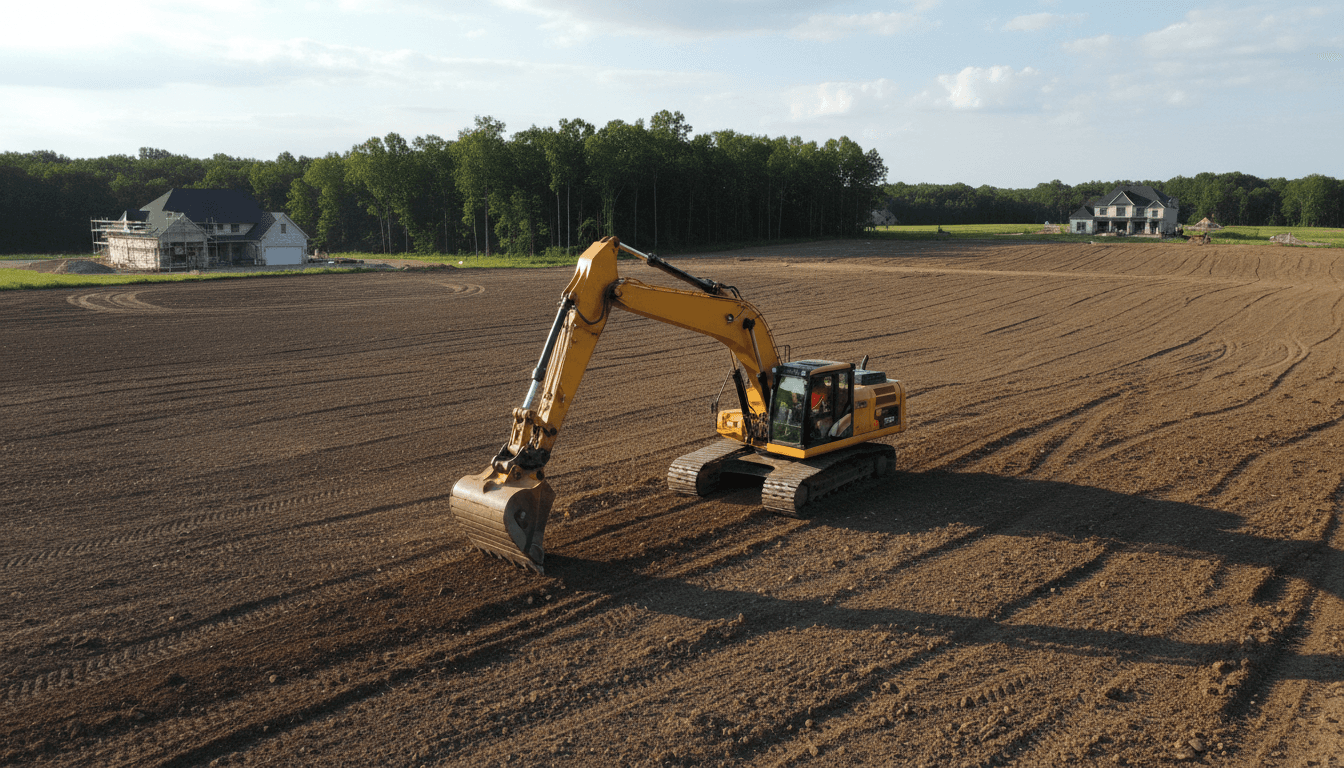 Excavator clearing and grading land for property improvement project
