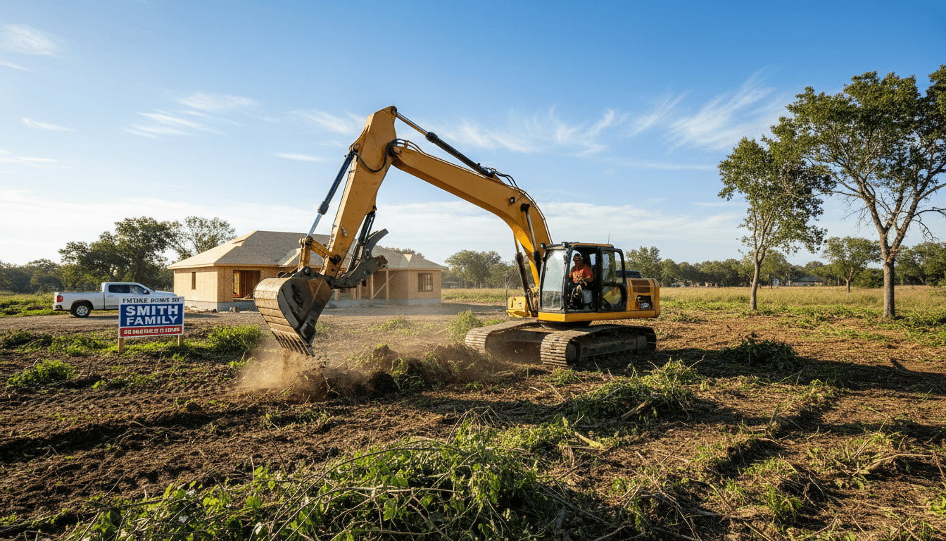 excavator clearing land with operator on residential property in sunny conditions