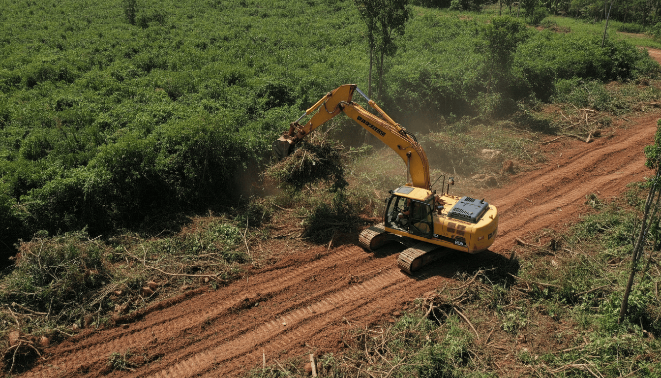 Excavator performing land clearing on residential property