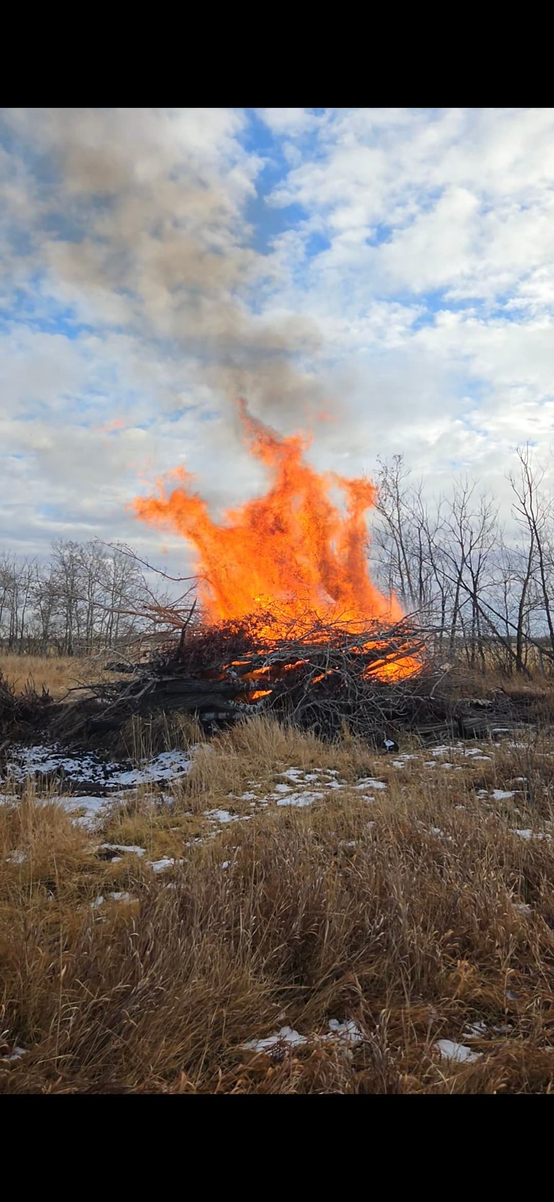 Large bonfire with bright orange flames burning in a dry field under a blue cloudy sky.